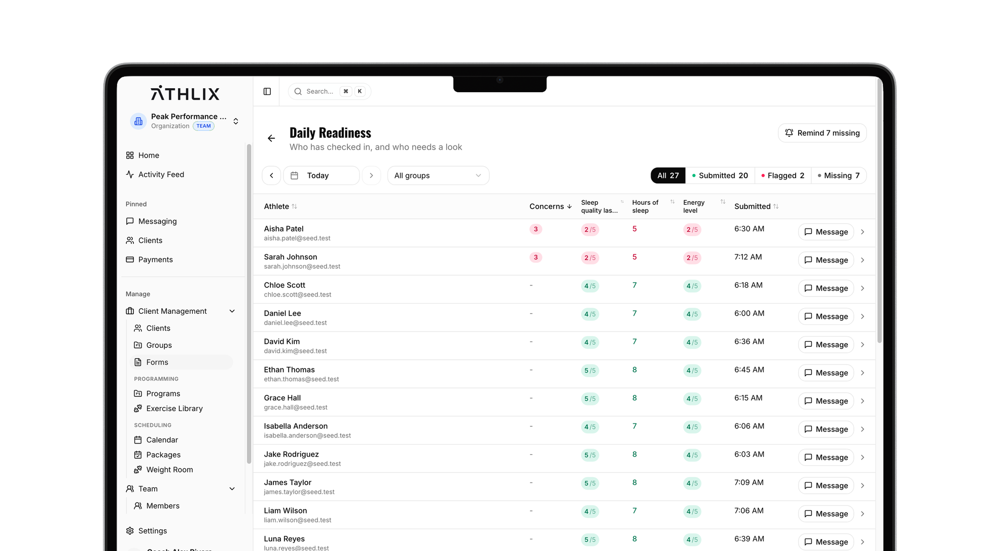 Athlix weekly check-in page for client progress updates